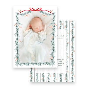 Watercolor Red Ribbon with Peach Berry Pine Garland Portrait Full Picture Holiday Card