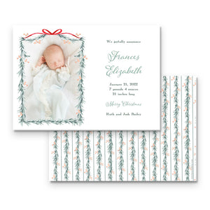 Watercolor Red Ribbon with Peach Berry Pine Garland Landscape Holiday Card