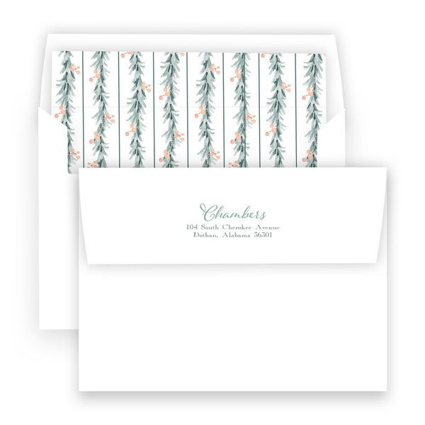 Watercolor Red Ribbon with Peach Berry Pine Garland Landscape Holiday Card