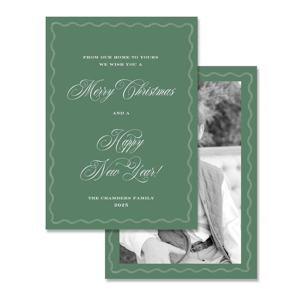 Green Double Wavy Border Portrait Full Picture Holiday Card