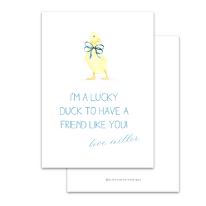 Blue Watercolor Bow Lucky Duck Valentine's Day Card