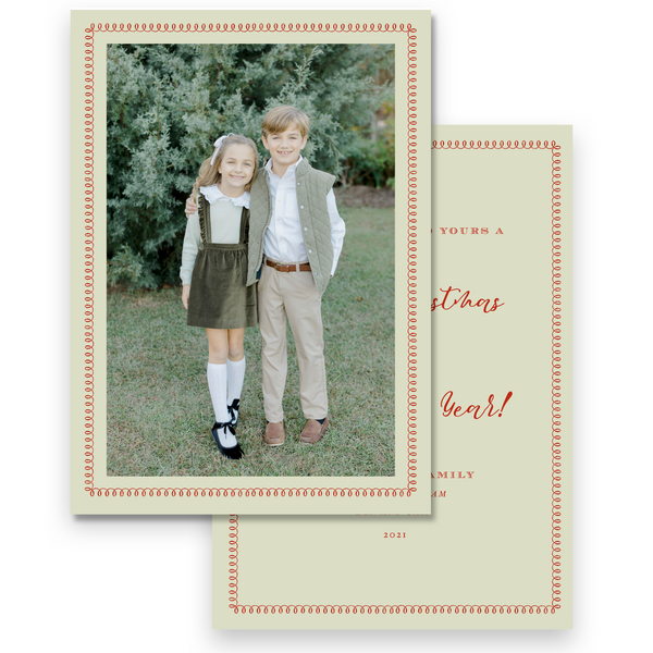 Red & Light Green Loop Border Portrait Merry Christmas Holiday Card