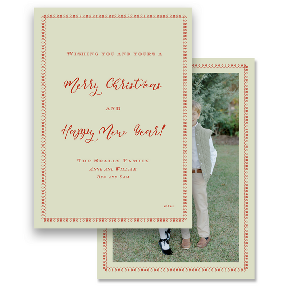 Red & Light Green Loop Border Portrait Merry Christmas Holiday Card