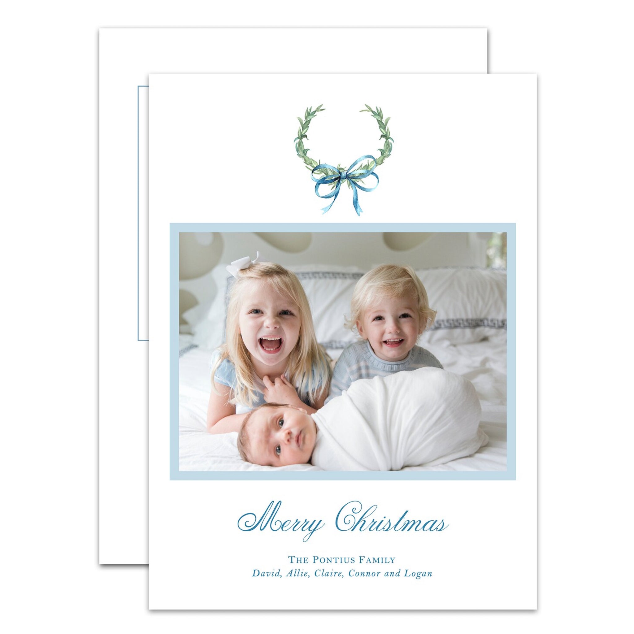 Blue Ribbon Wreath Holiday Card / Birth Announcement