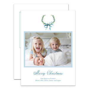 Blue Ribbon Wreath Holiday Card / Birth Announcement