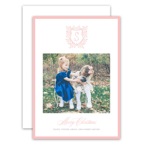 Pink Monogram Crest Holiday Card