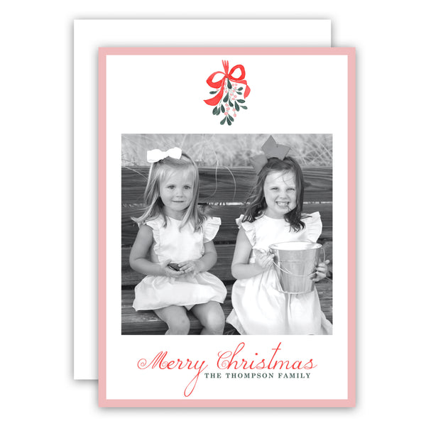 Watercolor Pink & Red Ribbon Mistletoe Holiday Card