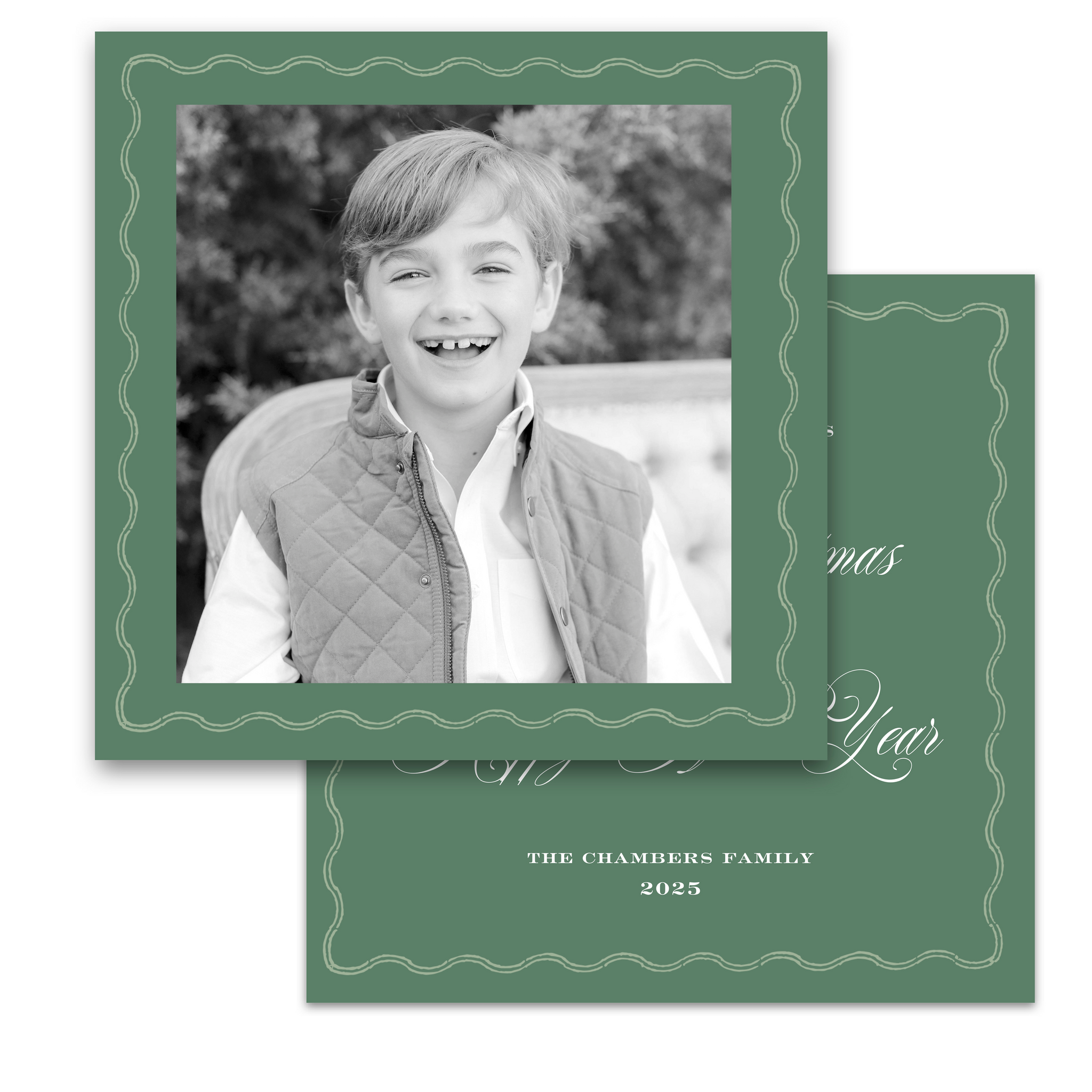 Green Double Wavy Border Square Full Picture Holiday Card