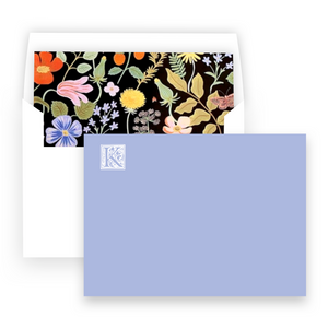 Black & Periwinkle Floral Monogram Lined Square Flap Women's Stationery