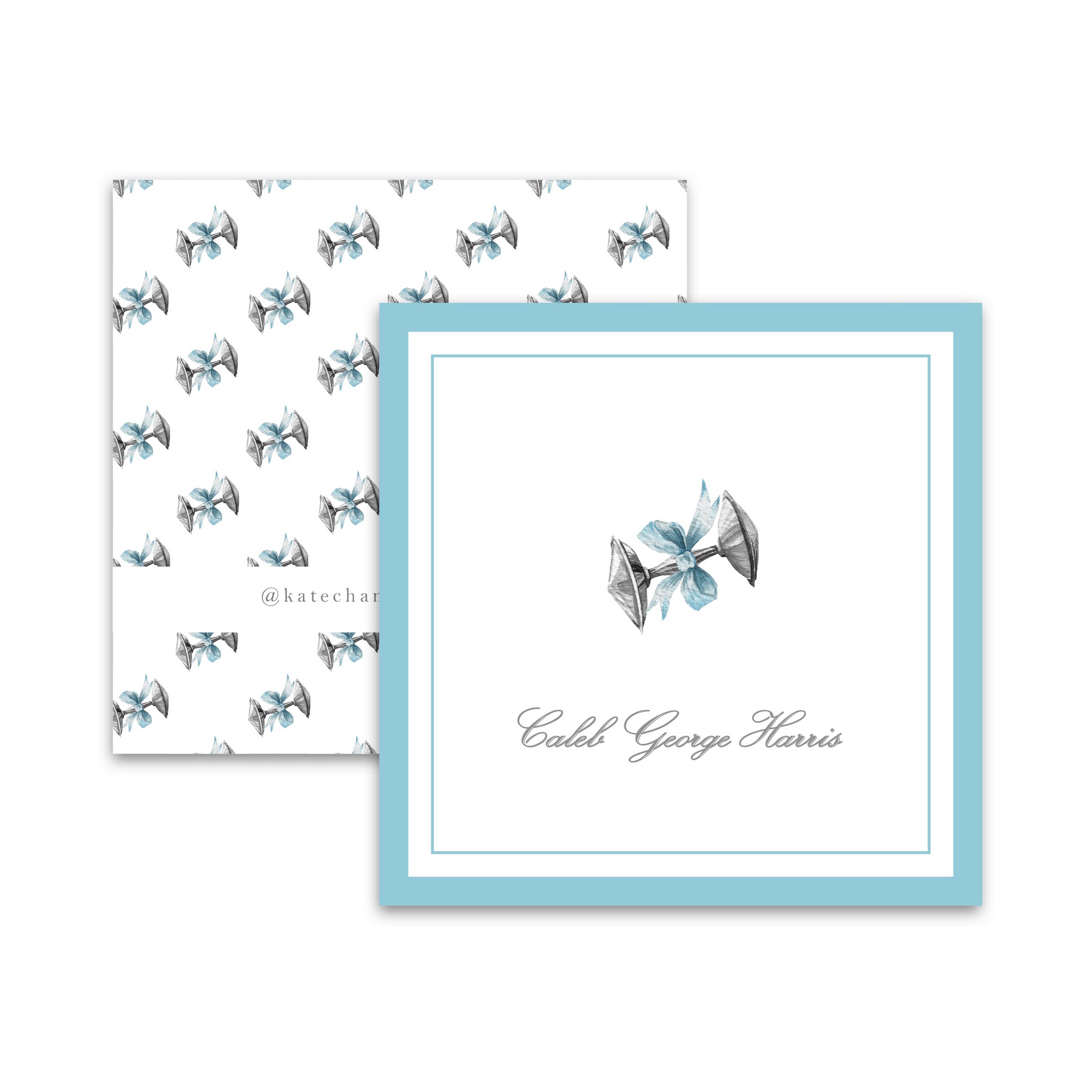 Silver Rattle with Blue Ribbon Square Enclosure Card