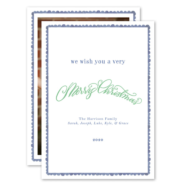 Blue Scalloped Watercolor Portrait Holiday Card