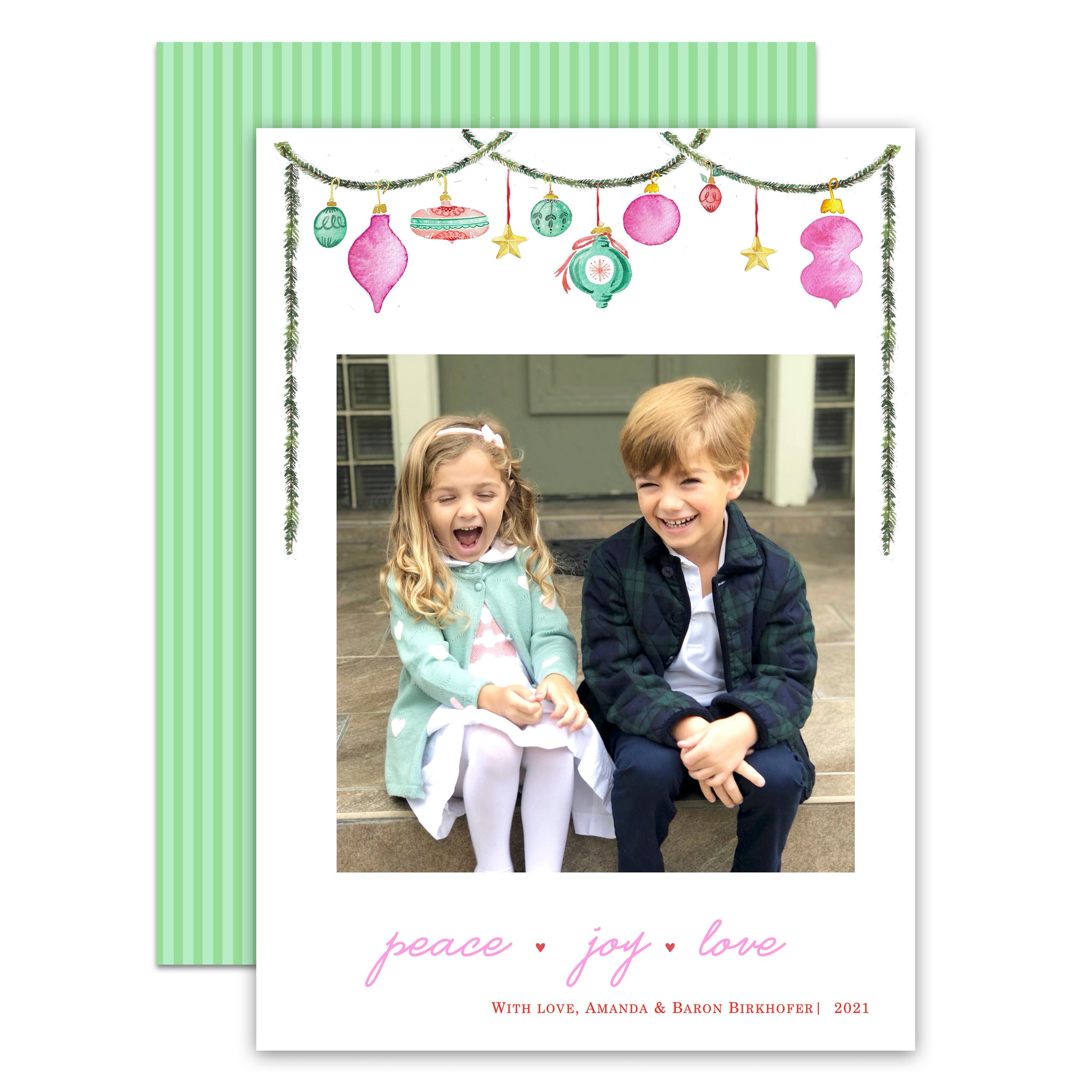 Bright Ornament & Holiday Garland Holiday Card (Stripe Green Liner)