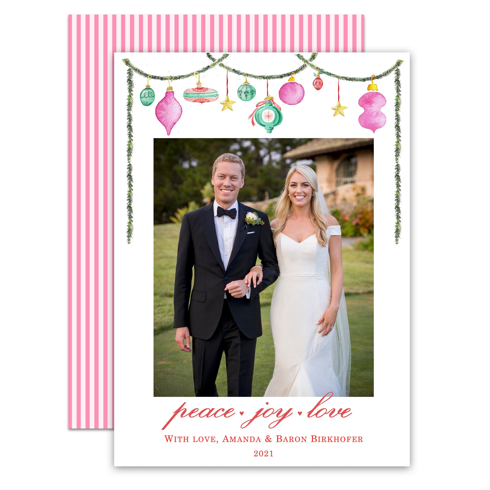Bright Ornaments & Garland Holiday Card (Stripe Pink Liner)