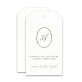 Green watercolor Wreath with Monogram Holiday Merry Christmas Gift Tag