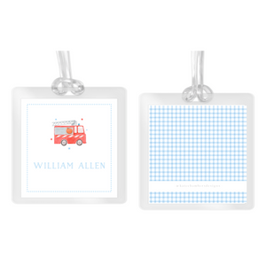 Boy's Watercolor Blue & Red Fire Truck Square Laminated Bag Tag