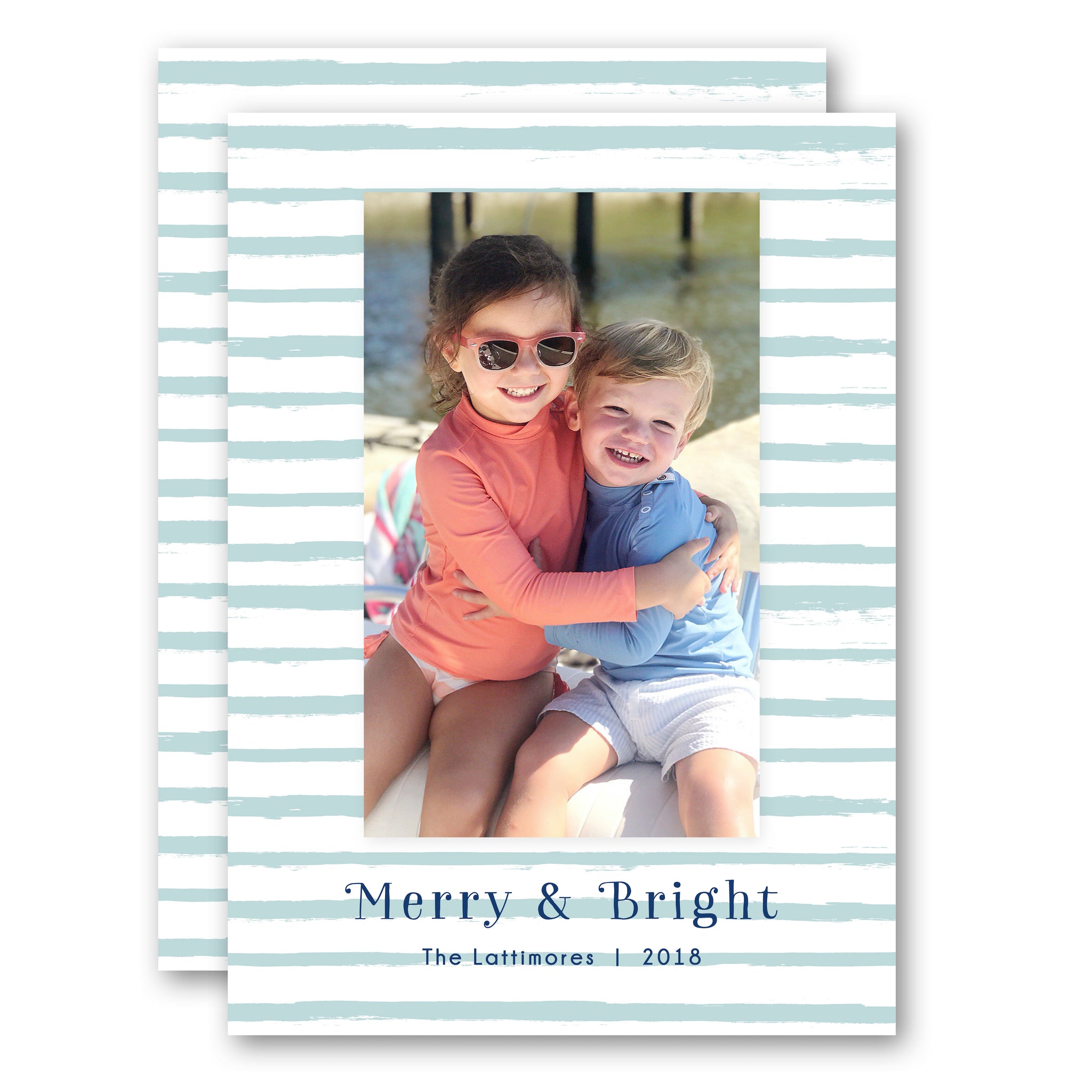 Merry & Bright, Blue & White Watercolor Stripe Holiday Card