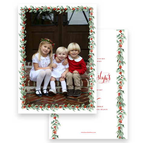 Watercolor Red Berry Holly Garland Portrait Holiday Card