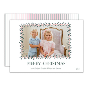 Pink & Green Holly Border Landscape Holiday Card