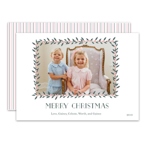 Pink & Green Holly Border Landscape Holiday Card