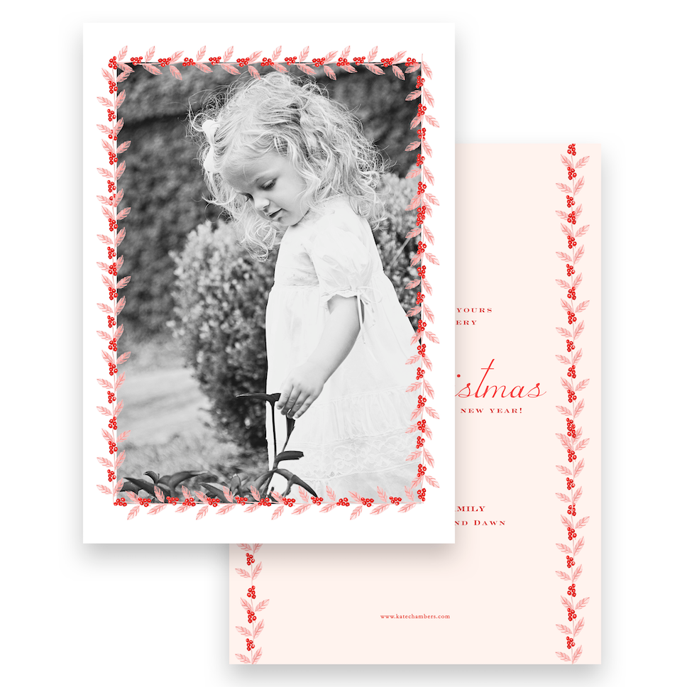 Pink & Red Berry Leaf Border Portrait Holiday Card