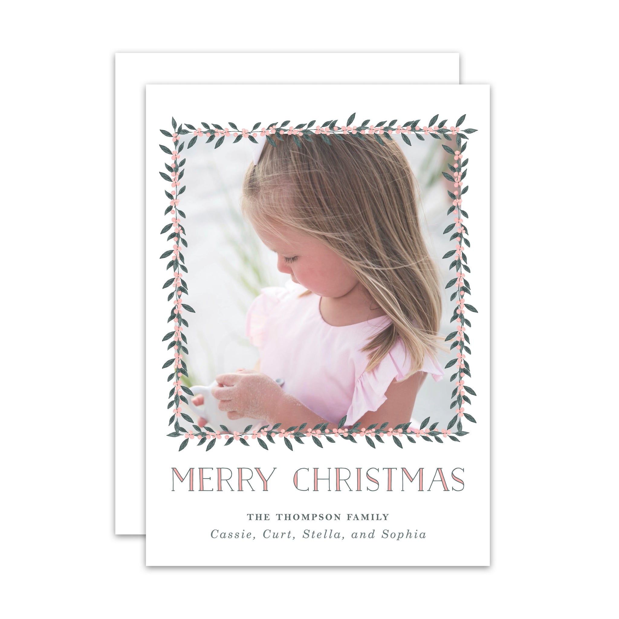 Pink & Green Holly Border Portrait Holiday Card