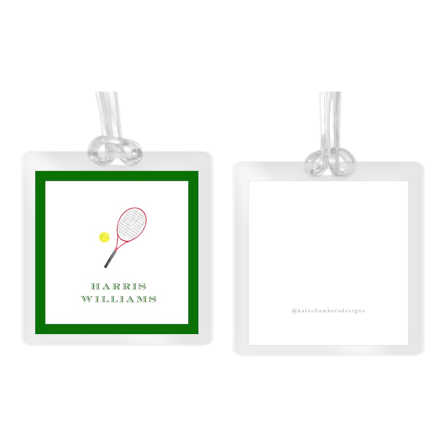 Boy's Green Tennis Racket Square Laminated Bag Tag